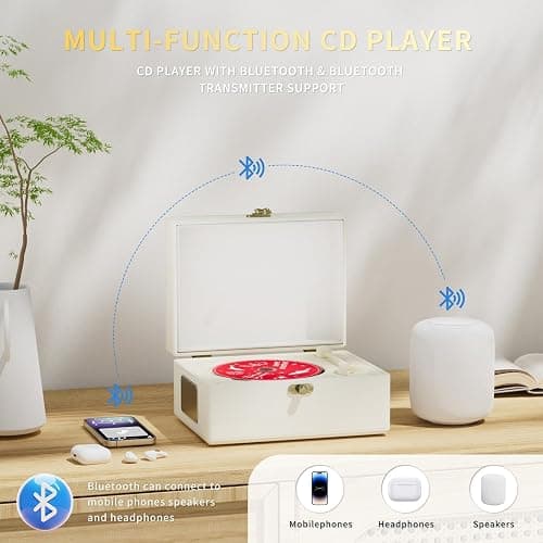 Yintiny Rechargeable Leather CD Player with Speakers, Bluetooth Transmitter, Festival Gift, BGM Player for Home Decor. thumbnail 4