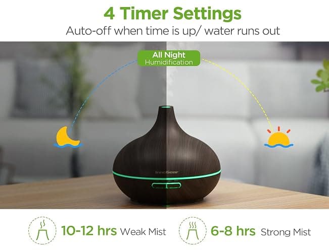 InnoGear Aromatherapy Diffuser & 10 Essential Oils Set, 400ml Diffuser Ultrasonic Diffuser Cool Mist Humidifier with 4 Timers 7 Colors Light Waterless Auto Off for Large Room Office, Dark Wood Grain thumbnail 4