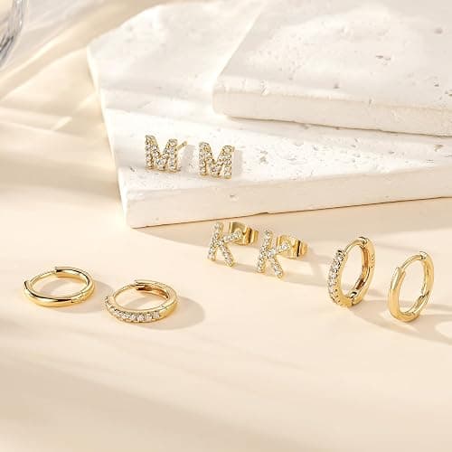 Ritach Christmas Gifts for Teens Girls Kids - 3 Pairs Gold/Silver/Rose Gold Huggie Hoop Earrings for Women Girls Hypoallergenic CZ Initial Stud Earrings Set Stocking Stuffers for Teens Girls Kids thumbnail 7