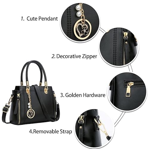KKXIU Stylish Women Satchel Purses and Handbags Vegan Leather Top Handle Shoulder Crossbody Bag - Black 1 thumbnail 4