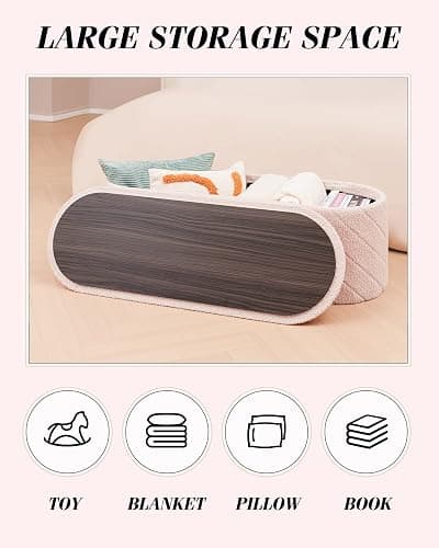 ZOLANOful Storage Ottoman Bench with Tray, 43.3 Inches Oval Ottoman with Storage, Folding Teddy Boucle Foot Rest Stool for Bedroom, Living Room, Entryway, Pink thumbnail 5