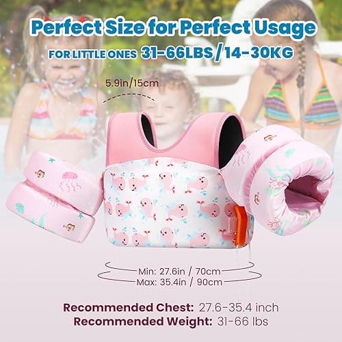 HeySplash Swim Vest for Kids, Toddler Pool Floaties Fit 20-50/70 Lbs, Children Swimming Vest with Adjustable Strap, Swim Jacket Water Wing Arm Float, Puddle Sea Beach Boat Jumper Boy Girl Baby - for kids 22-70 lbs - B Pink Whale thumbnail 7