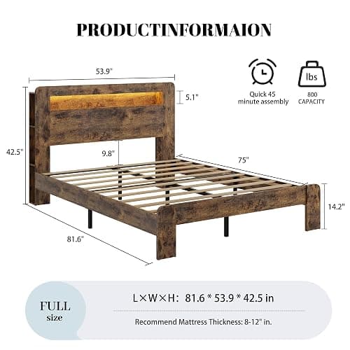 PAUKIN Full Size Wooden Bed Frame with Storage Headboard, Platform Bed Frame with Charging Station and LED Lights, Sturdy Slats, No Box Spring Required, Silent Operation, Easy to Assemble, Brown thumbnail 2