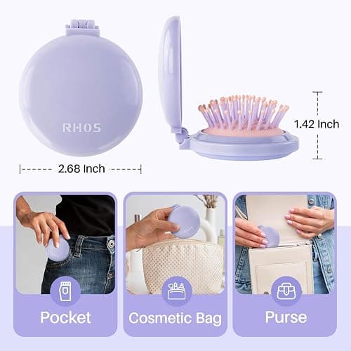 RHOS Hair Brush with Mirror for Women, Girls - Compact Folding Brush with Soft Nylon Bristles and Mirror - Portable Hair Brush for Travel (Purple) thumbnail 3