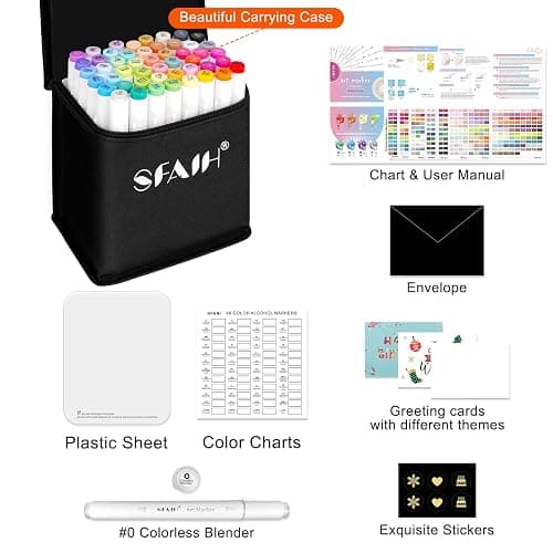 SFAIH Alcohol Markers Fine & Chisel - 49 Colors Double Tipped Art Markers for Adult Coloring Sketch Illustration, Gifts for Students Beginners - Greeting Card, Refillable Ink, Colorless Blender thumbnail 9