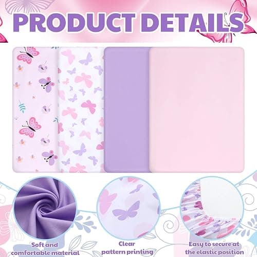 Mixweer 4 Pack Butterfly Baby Crib Sheet Set for Girls Standard Size Crib Toddler Mattresses Soft Breathable Sheets for Baby Gifts Home Nursery Toddler, Pink Purple thumbnail 3