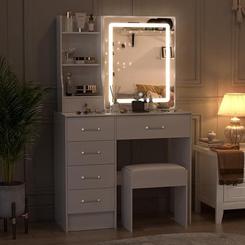 Hikooo White Modern Vanity Desk, Vanity Table with 5 Drawers, Storage Shelves and Stool, 3 Color Modes Adjustable Brightness Dressing Table for Dressing Table for Bedroom Dressing Room thumbnail 4