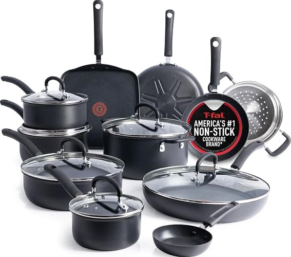 T-Fal Ultimate Hard Anodized Nonstick Pots and Pans Set 17 Piece, Nonstick Cookware Set with Fry Pan, Saucepans, Saute-Pan, Griddle, Dishwasher Safe, Onyx - Image 1