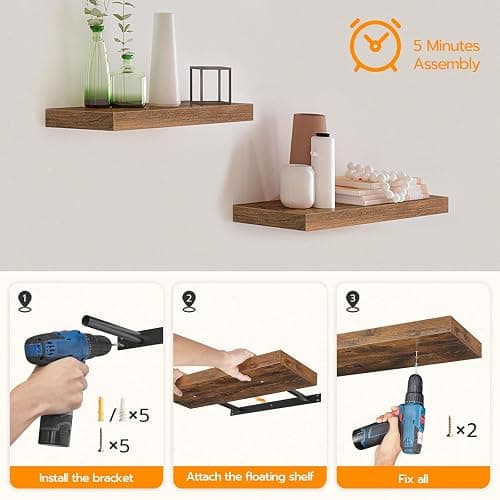 HOOBRO Floating Shelves for Wall, Wall Mounted Shelf Set of 2, 15.7" Hanging Shelf with Invisible Brackets, for Wall in Bathroom, Bedroom, Toilet, Kitchen, Living Room, Office, Rustic Brown BF40BJ01 thumbnail 7