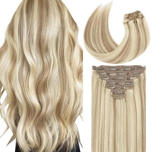 Caliee Piano Golden Brown #10 Mixed Bleach Blonde #613 Seamless Clip in Hair Extensions Double Weft Lace Invisible Silky Straight Remy Hair Extensions Clip in Human Hair 140G 20 Inch - Image 1