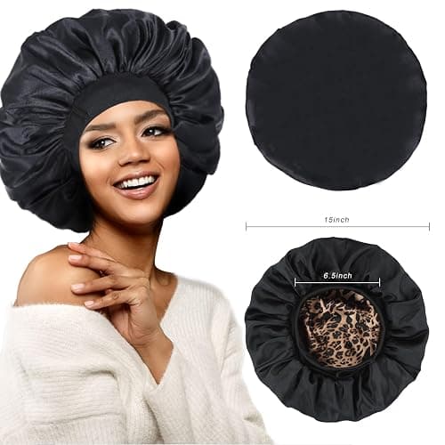 Silk Bonnet for Sleeping Double Layer Satin Bonnet Adjustable Bonnets for Black Women Sleep Cap Reversible Hair Bonnet for Curly Hair (Black and Leopard) thumbnail 4