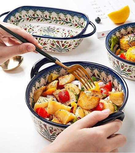 Bicuzat Vintage Style Tulip Flower Pattern Ceramic Bakeware Casserole Dish Baking Pan Lasagna Pans Baking Dish with Handles for Oven/Cooking/Kitchen-1 PCS-32 OZ thumbnail 2