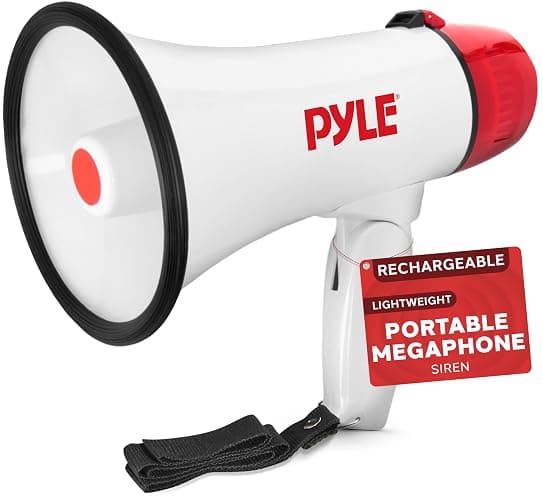 Pyle 20W Megaphone Bullhorn - 5.4'' x 8.6'' Portable Megaphone, Projection Range Up to 1100 Sq. Yards, Voice Talking & Siren Alert, Shoulder Strap, Battery Operated, (White) - Image 1