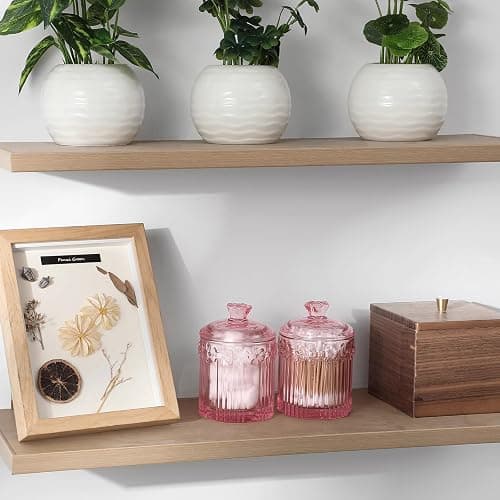 rejomiik 2 Pack Qtip Holder Glass Apothecary Jars with Lids Set Bathroom Canisters Dispenser Organizers and Storage for Cotton Swabs, Balls, Pads, Floss Picks, Candy, Pink thumbnail 3