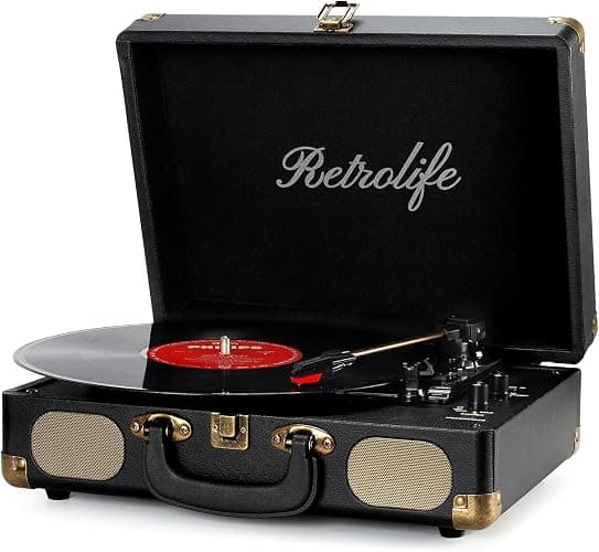 Retrolife® Vinyl Record Player with Speakers, Bluetooth Vinyl Player-Black | Portable, 3-Speed BT Turntable, Belt-Driven, RCA Line Out & Headphone Jack, Auto Stop, Plays 7/10/12" Records, 33/45/78 RPM - Image 1