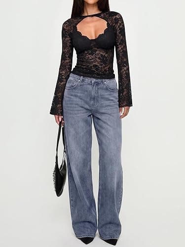 PINKMSTYLE Womens Lace Long Sleeve Shirts Sexy Mesh Y2K Going Out Tops | Cut-out Front Slim Fitted Blouses Sheer See Through Clothes,2026 Fall Fashion,Date Night,Party,Club,Concert,Concert Outfits thumbnail 6