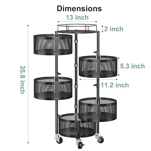 SAYZH Fruit Vegetable Basket for Kitchen, Rotating Storage Rack, 5 Tier Rolling Cart with top lid, Large Metal Wire Wheels, Black thumbnail 2
