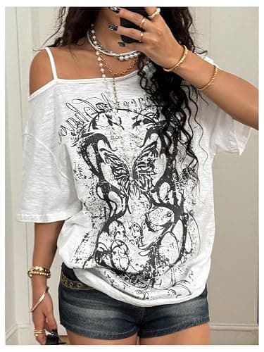 SOLY HUX Women's Cold Shoulder Tops Short Sleeve Oversized Graphic Tee Shirts Y2K Festival Outfits Streetwear thumbnail 2