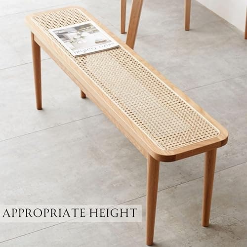 Wayshome 39.4'' Natural Rattan Dining Bench with 100% Solid Oak Wood Bench Frame, Bed End Shoe Ottoman for Kitchen Bedroom Entryway, Natural Oak thumbnail 9