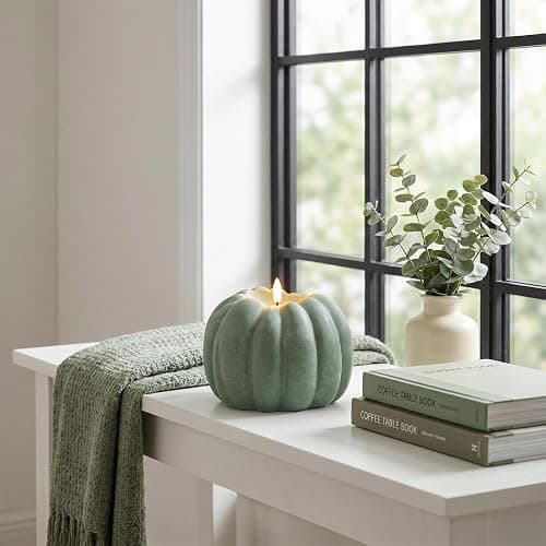 Sage Green Pumpkin Decor, Fall Decorations for Home - Sage Green Flameless Pumpkin Shaped Candle with Remote and Timer, LED Flickering Battery Operated Candle for Fall Decor, 5.31" W, 5.1" H thumbnail 6