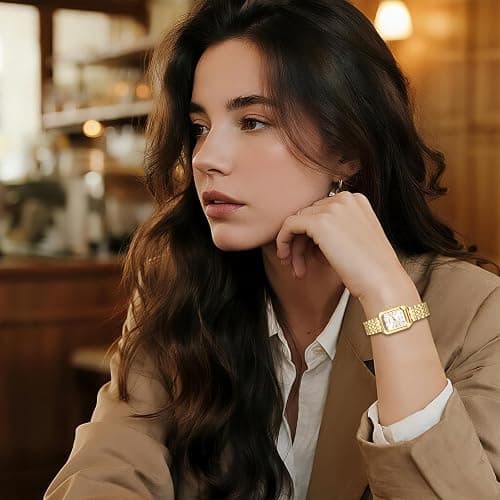 JewelryWe Women's Square Quartz Watch: Ladies Gold Analog Quartz Elegant Bracelet Watches with Detachable Strap Wristwatch for Valentine's Day thumbnail 2