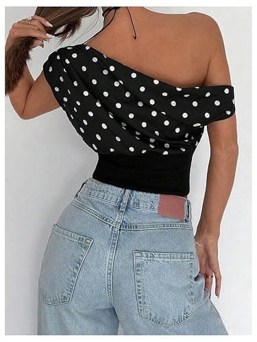 Milumia Women's Polka Dots Off Shoulder Crop Tank Tops Y2K Cap Sleeve Ruched Going Out T-Shirts thumbnail 3