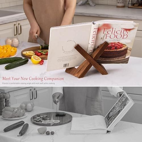 EFFORTICH Cookbook Stand, Wooden Recipe Book Holder, Cook Book Stand for Kitchen Counter, Multifunctional Display, Kitchen Counter Decor - Brown thumbnail 4