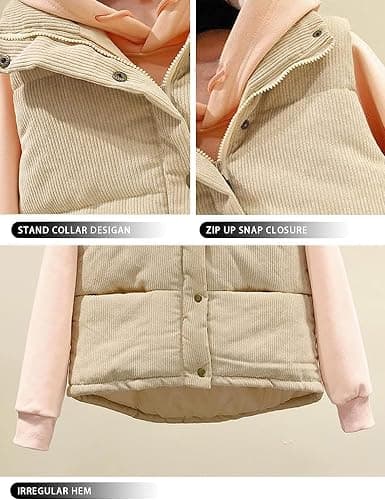 Fhniepan Womens Corduroy Puffer Vest Sleeveless Stand Collar Zip Up Snap Lightweight Jacket Padded Gilet Outerwear thumbnail 6