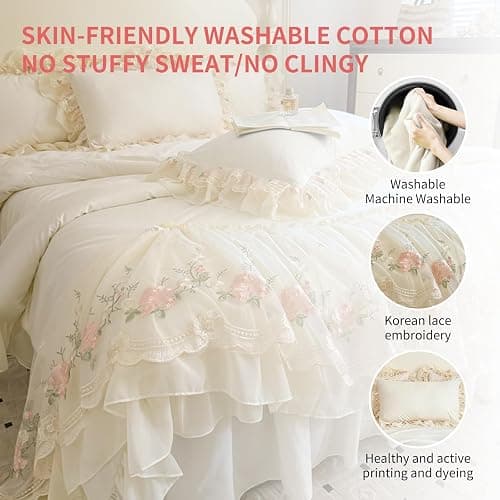 T-stage French Chic Bedding Set 4-Piece - Romantic Lace Trim Washed Cotton, Duvet Cover with Bed Skirt & Pillowcases for Queen Bed, Princess Style (Comforter Not Included) (Milky White,Full) thumbnail 5