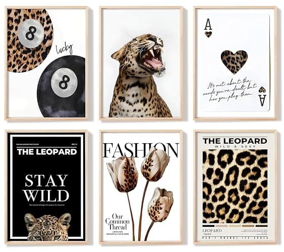 6Pcs Trendy Leopard Wall Art Cheetah Posters Lucky 8 Ball Canvas Pint | Retro Spades Poker Picture Wall Decor Fashion Leopard Flowers Print for Preppy Girls Bedroom Apartment Dorm 8x10in Unframed - Image 1