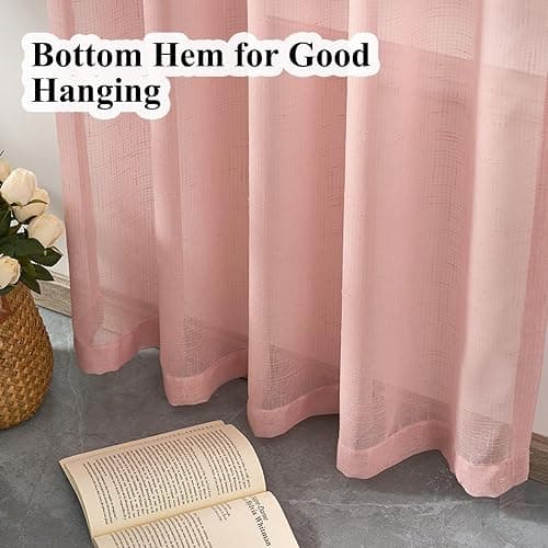 Ftinala Light Pink Sheer Curtains 102 Inch Long, Linen Look Textured Light Filtering Drapes for Girls Room, Light Pink Transparent Window Decor, Floor to Ceiling Pinch Pleat Curtain with Hooks thumbnail 5