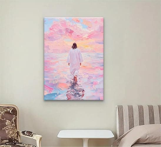 Jesus Canvas Wall Art Pink Jesus Walks on Water Canvas Paintings Prints Religious Savior Wall Decor Christian Bible Stories Poster printing Artwork for Living Room Bedroom Church Decoration 12x16in thumbnail 5