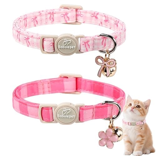 Babole Pet 2 Pack Pink Cat Collars - Spring Summer Breakaway Cat Collar with Bell, Bow and Flower Pendant, Adjustable Kitten Collars for Girl Cats, Cute Pink Plaid &Bow - Image 1