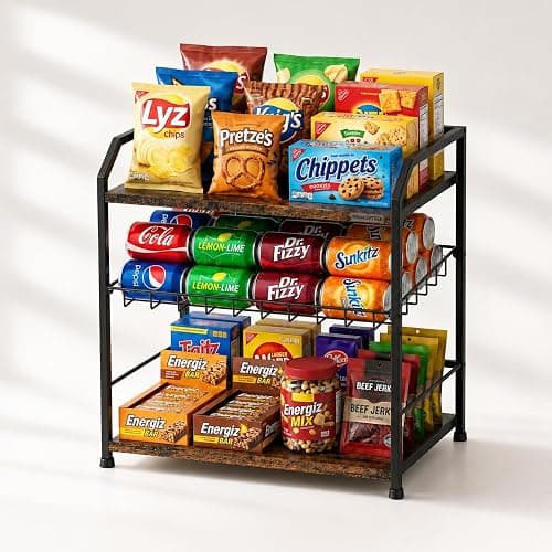 3 Tier Adjustable Snack Organizer for Countertop Wood Metal Rack | Large capacity snack stand, adjustable shelf & stable feet for kitchen pantry, office snack station & retail candy - Image 1