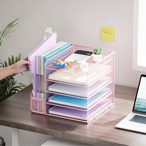 Marbrasse Desk Organizers and Accessories, 5-Tier Paper Letter Tray Organizer with File Holder, Mesh File Organizer, Office Desk Accessories & Organization for Supplies (Pink) thumbnail 2