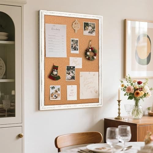QUEENLINK Cork Board Bulletin Board, 36" x 24" Corkboard for Wall, Rustic White Wooden Frame, Hanging Pin Board for Home & Office Decor, 10 Push Pins thumbnail 8
