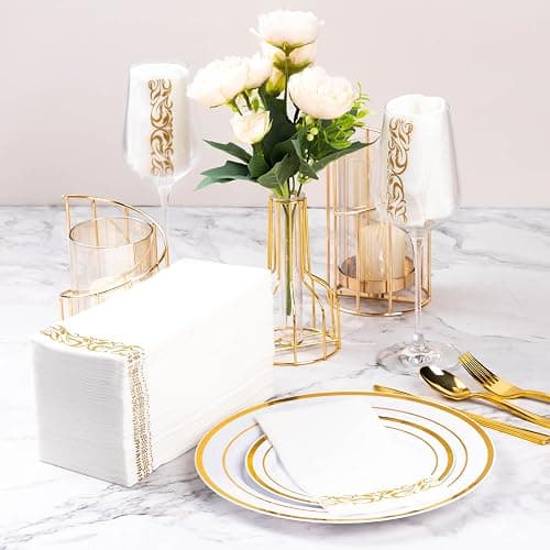 Goodluck 200-Pack Linen-Feel Disposable Guest Towels – Soft and Absorbent Paper Hand Towels for Bathroom or Kitchen – Elegant White Napkins with Gold Design for Parties, Weddings, Dinners Events thumbnail 2