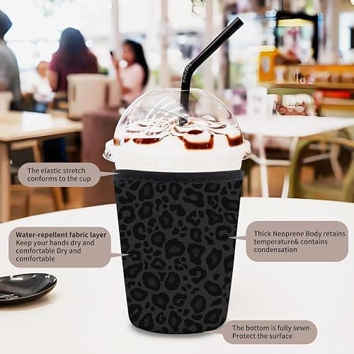 AUEKLLW 3 Pack Reusable Neoprene Insulator Sleeve for Iced Coffee Cups, Funny Coffee Cup Sleeves for 16-32oz Coffee cups, Cute Drink Sleeve for Cold Hot Beverages Cute Black Leopard thumbnail 4