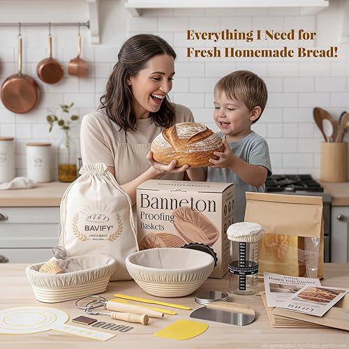 BAVIFY Sourdough Starter Kit, Banneton Bread Proofing Baskets Set | Complete Sourdough Bread Baking Supplies, Beginner Friendly, 9 in Round and 10 in Oval Rattan Banneton & 24 oz Starter Jar thumbnail 2