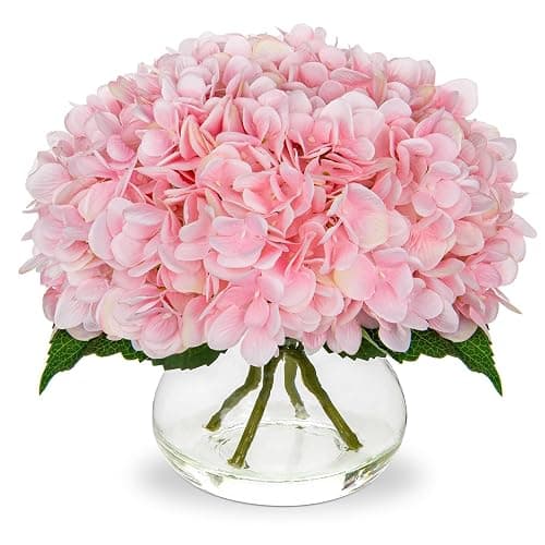 Hollyone Hydrangea Artificial Flowers with Glass Vase Pink Silk Faux Flowers Arrangements with Clear Faux Water Fake Floral Bulk Bouquet for Home Decor Table Centerpiece Decorations - Image 1