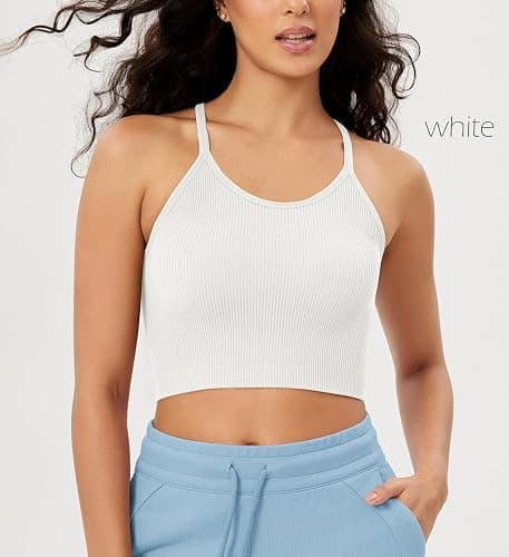 ODODOS Women's Crop 3-Pack Seamless Rib-Knit Camisole Crop Tank Tops thumbnail 2