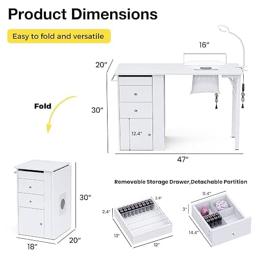 Foldable Nail Table with Dust Collector, Manicure Desk for Nail Tech, with LED Lamp, Wrist Rest, Rolling Nail Table for Salon, Home Beauty Workstation, Compact Nail Station with Storage (White) thumbnail 2