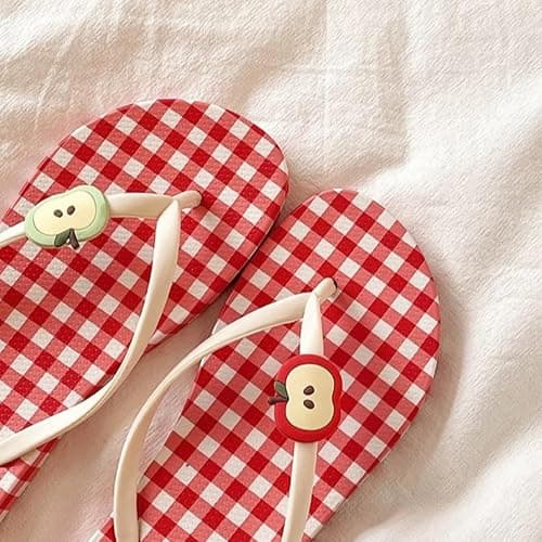 Umhje Whimsy Twee Plaid Flip Flops for Women Whimsical Funky Double Apple Slippers Y2K Kawaii Grunge Cozy Beach Shoes thumbnail 6