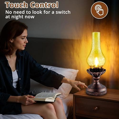 LEDIKON Touch Control Vintage Table Lamp | 3-Way Dimmable Rustic Retro Farmhouse Bedside Lamp with Amber Glass Shade and LED Bulb for Bedroom, Living Room, Cabin, Office thumbnail 2