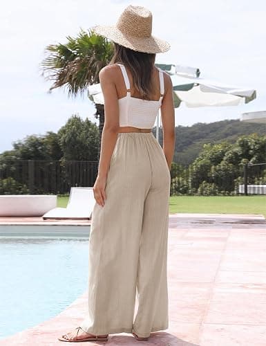 Faleave Women's Cotton Linen Summer Palazzo Pants Flowy Wide Leg Beach Trousers with Pockets thumbnail 5