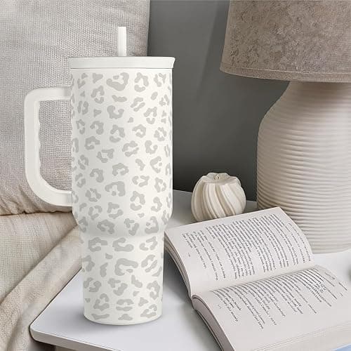 SANDJEST Leopard Tumbler with Handle, Insulated Cup Stainless Steel Travel Mug Cup, Gifts for Women Girl on Birthday Christmas, Cream Leopard, 40oz thumbnail 2