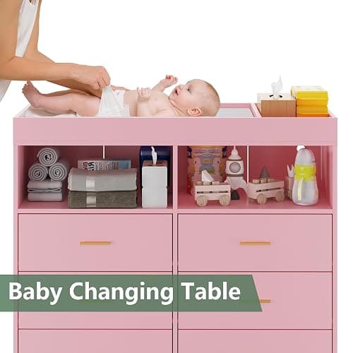 GarveeHome Dresser for Bedroom with 6 Drawers, Baby Changing Table Dresser with Changing Pad, LED Lights & Charging Station, Baby Changing Station with Changing Table Top, Pink - Pink thumbnail 5