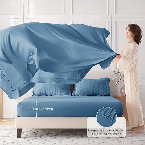 MUXHOMO 7 Pieces Queen Comforter Set, Seersucker Bed in a Bag Queen Size, All Season Luxury Bedding Set with Comforter, Flat Sheet, Fitted Sheet, Pillowcases & Shams, Mineral Blue thumbnail 3
