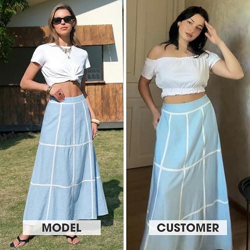 EXLURA Womens Boho Maxi Skirts Summer Flowy Faux Linen Long Skirts Pockets | Grid, A line, High Elastic Waist, Plaid, Dressy Casual Work Skirts, Beach Vacation, Resort Wear, Office, Teacher Outfits thumbnail 2