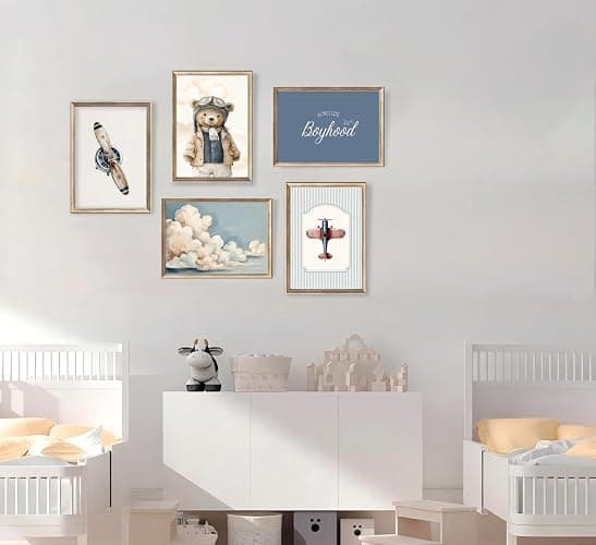 Vintage Baby Boy Nursery Wall Art Retro Airplane Travel Kids Room Canvas Wall Decor Teddy Bear Pictures Navy Blue Aviation Posters Cloudy Sky Painting Print Artwork for Boy Room Playroom, Unframed thumbnail 2